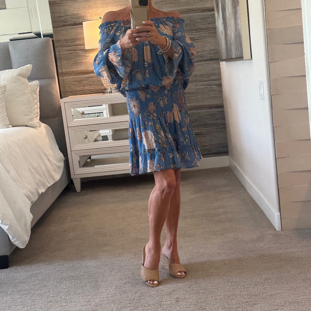 Ramy Brook Blue Floral Off-Shoulder Dress